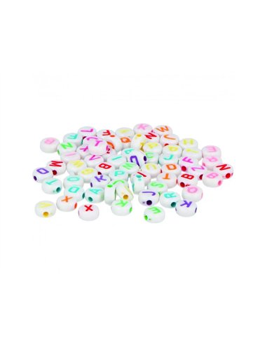 Perle plastique innspiro forme ronde plate 7mm imprimee alphabet couleur sur fond blanc lot de 1200 perles.
