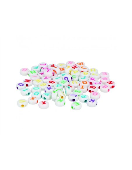 Perle plastique innspiro forme ronde plate 7mm imprimee alphabet couleur sur fond blanc lot de 1200 perles.