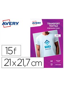 Transfert textile avery a4 laser paquet de 15 coloris blanc ou clair.