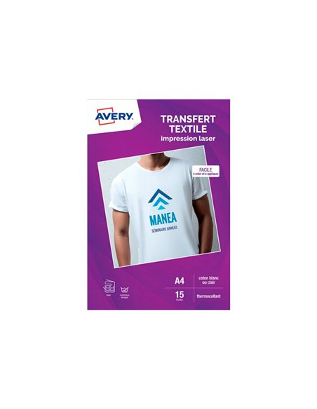 Transfert textile avery a4 laser paquet de 15 coloris blanc ou clair.