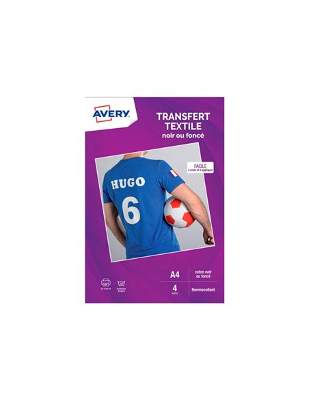 Transfert textile avery a4 jet d encre paquet de 4 coloris noir ou fonce.
