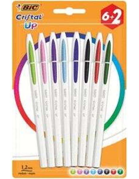 Lot de 8 stylos à bille Bic Cristal Up - Pointe ronde 1,2 mm - Trait 0,6 mm - Encre à l'huile - Corps blanc - Couleurs assorties