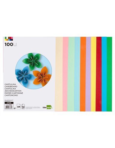 Papier cartonné liderpapel a4 180g/m2 10 coloris assortis paquet 100f.