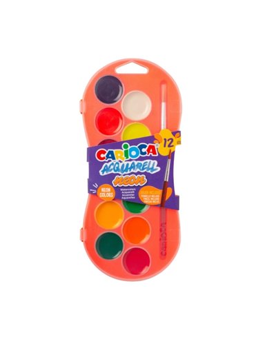 Carioca Acuarell Neon Pack de 12 aquarelles en godets de 30 mm - Lumineuses - Facilement miscibles - Couleurs néon assorties
