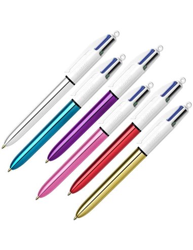 Stylo bille rétractable Bic 4 couleurs Shine - Pointe moyenne 1,0 mm - Encre à l'huile - Design métallique aux couleurs assortie