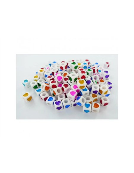 Perle plastique innspiro forme cube 6mm decor coeur coloris assortis bocal de 600 perles.