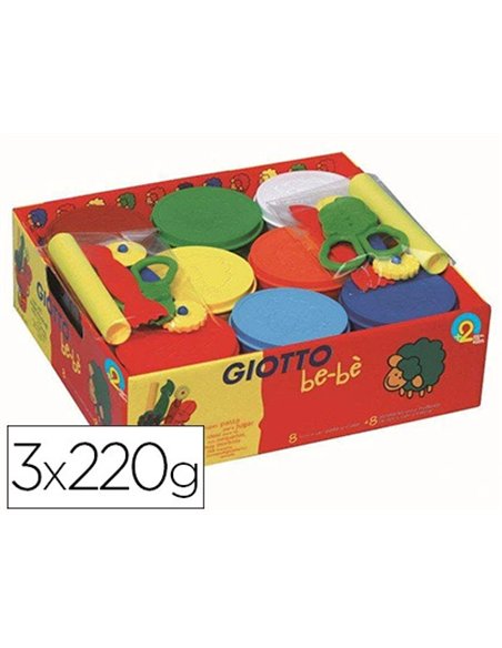 Pâte à modeler giotto be-bè schoolpack accessoires 2 rouleaux 2 paires de ciseaux 2 roulettes 2 mirettes 8 pots 220g.