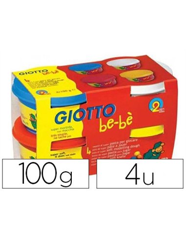 Pâte à modeler giotto be-bè testé dermatologiquement coloris assortis rouge jaune cyan blanc 4 pots 100g.