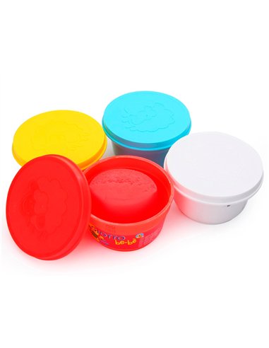 Pâte à modeler giotto be-bè testé dermatologiquement coloris assortis rouge jaune cyan blanc 4 pots 100g.