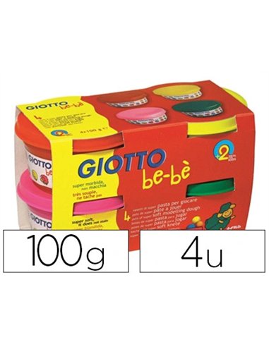 Pâte à modeler giotto be-bè testé dermatologiquement coloris assortis rouge jaune magenta vert 4 pots 100g.