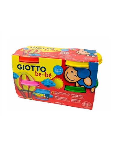 Pâte à modeler giotto be-bè testé dermatologiquement coloris assortis rouge jaune magenta vert 4 pots 100g.