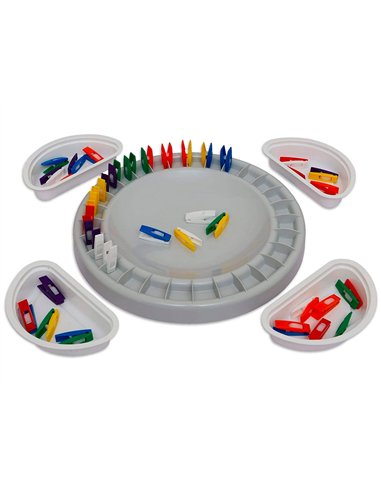 Jeu domino pédagogique composition plateau circulaire 28cm 28 mini-pinces 4cm 4 bacs adapté 4 enfants dès 3 ans.