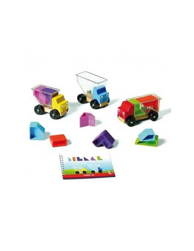 Jeu interdacta bahuts malins 3 camions bois + 10 pieces colorees plastique + 1 livret avec defis.