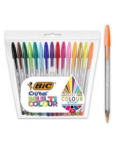 Lot de 15 stylos à bille Bic Cristal multicolores - Pointe 1,6 mm - Trait 0,42 mm - Encre à l'huile - Couleurs assorties