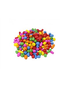 Perle bois ocolor 12-16-20-25mm 10 formes assorties 6 coloris assortis lot de 500g.