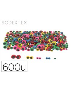 Yeux mobiles sodertex adhesifs differentes tailles coloris assortis maxi pack 600 unites.