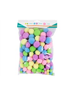 Pack pompons sodertex pastel polyester - 3 tailles - 200 pcs - 5 coloris.