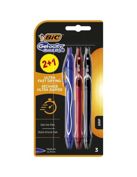 Bic Gel-Ocity Quick Dry Lot de 3 stylos rétractables 2+1 - Grip caoutchouc - Pointe moyenne 0,7 mm - Séchage ultra rapide - Sans