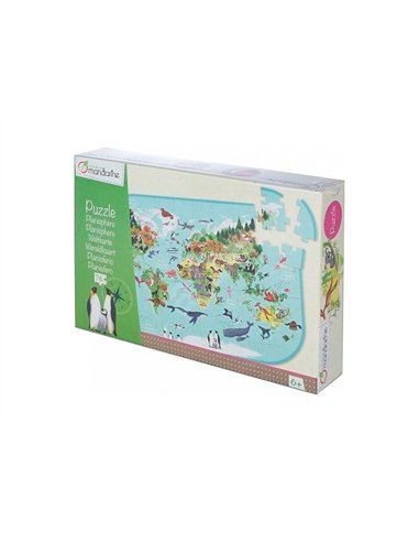 Puzzle avenue mandarine planisphère avec les animaux du monde.