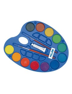 Palette Milan de 12 aquarelles Ø 45 mm + tube de peinture blanche + 2 pinceaux Série 101 - Miscibles - Couleurs assorties