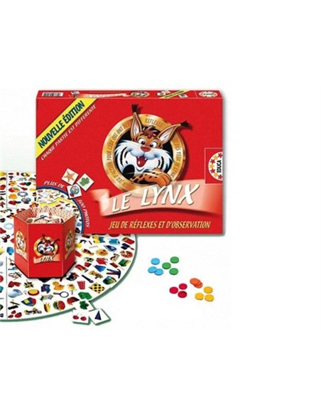 Jeu le lynx contient 1 plateau circulaire 9 pièces 400 cartes d'images 18 jetons 6 coloris 1/6 joueurs.