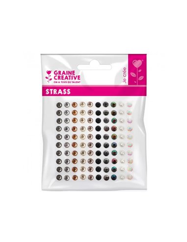 Planche assortiment de strass adhesif graine creative 100 strass coloris noir et perle assortis.