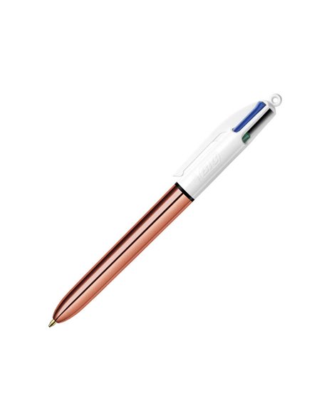 Stylo à bille rétractable Bic 4 couleurs or rose - Pointe moyenne 1,0 mm - Encre à base d'huile - Corps rose métallisé/blanc