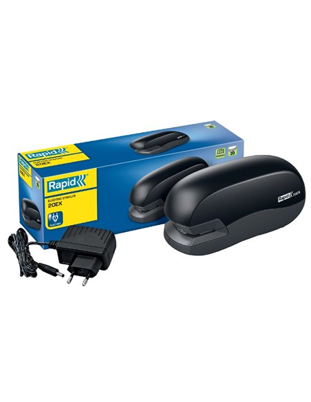 Agrafeuse électrique rapid 20ex 72x56x147mm 20 feuilles agrafes 24/6 et 26/6 coloris noir.