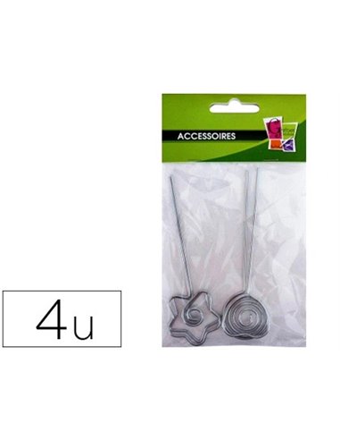 Pince pic à photo métallique 110mm forme coeur étoile fleur et spirale pochette 4 unités.