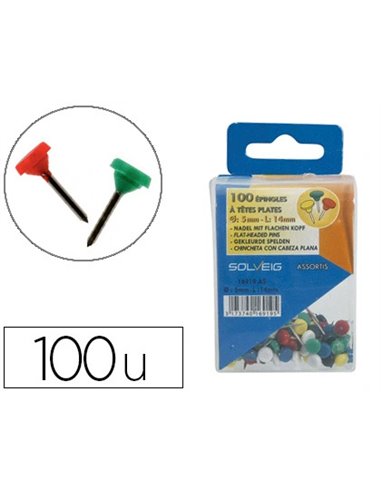 Épingle sign tête plate diamètre 5mm hauteur 14mm coloris asortis boîte distributrice 100 unités.