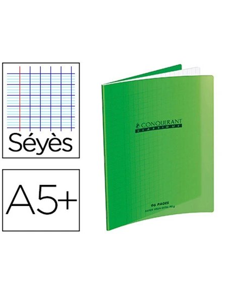 Cahier piqué conquérant classique couverture polypropylène rigide transparente a5+ 17x22cm 48 pages 90g séyès vert.