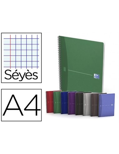 Cahier spirale oxford office essentials couverture pelliculée a4 100 pages séyès règle marque-page coloris assortis.