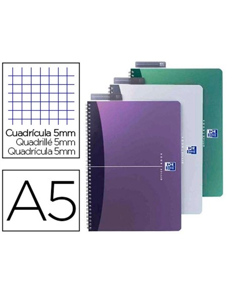 Cahier spirale oxford urban mix couverture polypropylène biface a5 100 pages 5x5mm règle marque-page coloris assortis.