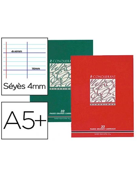 Cahier d'écriture piqué conquérant classique couverture vernie carte couchée a5+ 17x22cm 32 pages 90g séyès 4mm.