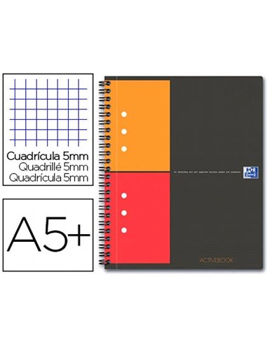 Cahier oxford active book optik paper couverture polypropylène pochette rangement a5+ 17,8x21cm 160 pages 5x5mm.