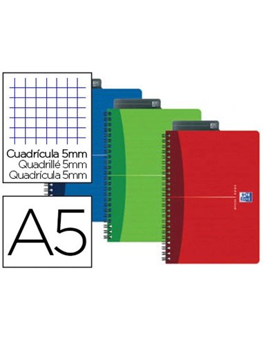 Cahier spirale oxford couverture pelliculée reliure intégrale optik paper a5 14,8x21cm 180 pages 90g 5x5mm assortis.