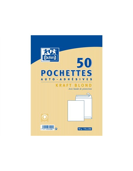 Pochettes oxford kraft auto adhesives avec bande de protection 176x250mm 50 unites.