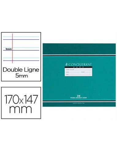 Cahier d'écriture piqué conquérant sept couverture offset 170x147mm à l'italienne 24 pages 70g double ligne 5mm paysage.