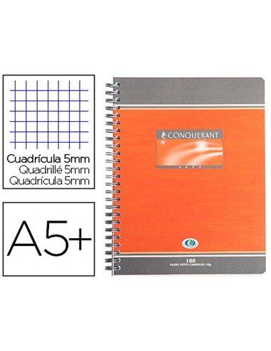 Cahier conquérant sept reliure intégrale couverture offset a5+ 17x22cm 180 pages 70g 5x5mm.