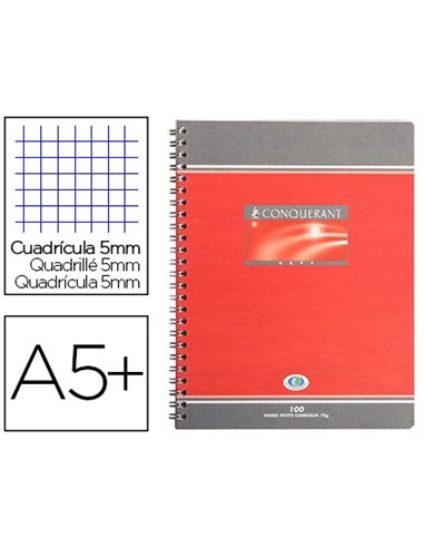 Cahier conquérant sept reliure intégrale couverture offset a5+ 17x22cm 100 pages 70g 5x5mm.
