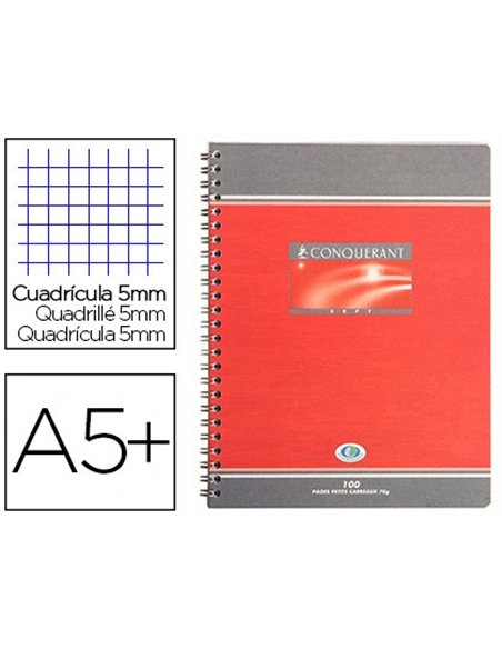 Cahier conquérant sept reliure intégrale couverture offset a5+ 17x22cm 100 pages 70g 5x5mm.