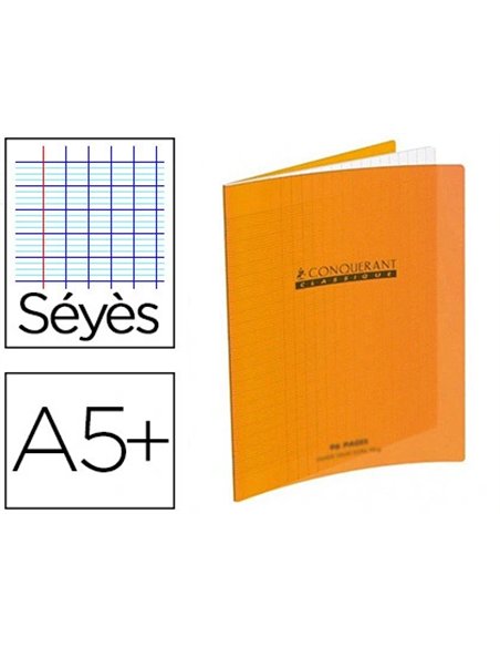 Cahier piqué conquérant classique couverture polypropylène rigide transparente a5+ 17x22cm 48 pages 90g séyès orange.