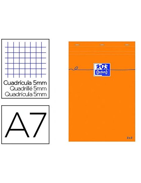 Bloc bureau oxford a7 papier vélin surfin agrafé en tête couverture enveloppante 74x105mm 80f 80g 5x5 coloris orange.