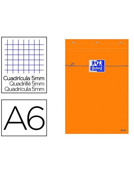 Bloc bureau oxford papier a6 vélin surfin agrafé en tête couverture enveloppante 105x148mm 80f 80g 5x5mm coloris orange.
