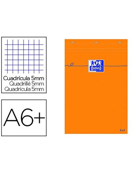 Bloc bureau oxford a6+ papier vélin surfin agrafé en tête couverture enveloppante 110x170mm 80f 80g 5x5mm orange.