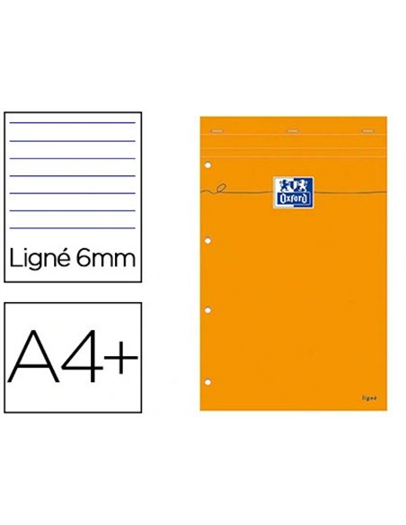 Bloc bureau oxford papier a4+ vélin surfin agrafé en tête couveture enveloppante 210x320mm 80f 80g ligné 6mm orange.