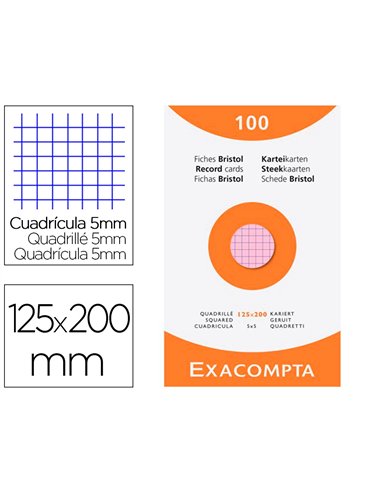 Etui 100 fiches exacompta bristol quadrillee 5x5 non perforee assortis 125x200mm.