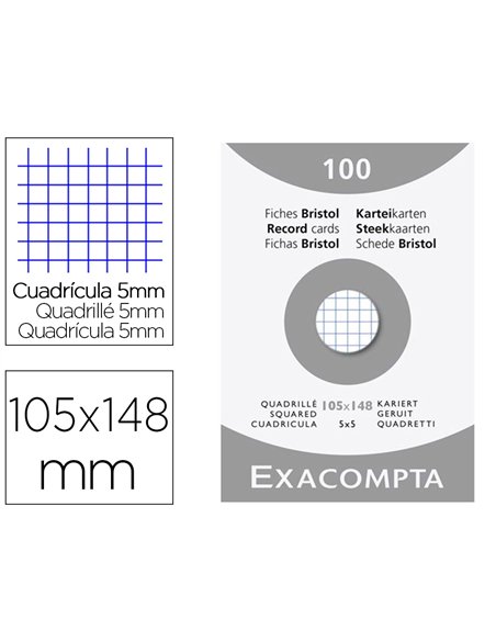Etui 100 fiches exacompta bristol quadrillee 5x5 non perforee blanc 105x148mm.