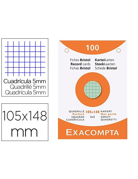 Etui 100 fiches exacompta bristol quadrillee 5x5 non perforee blanc 105x148mm coloris assortis.
