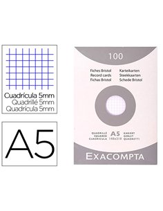 Etui 100 fiches exacompta bristol quadrillee 5x5 non perforee blanc 148x210mm.